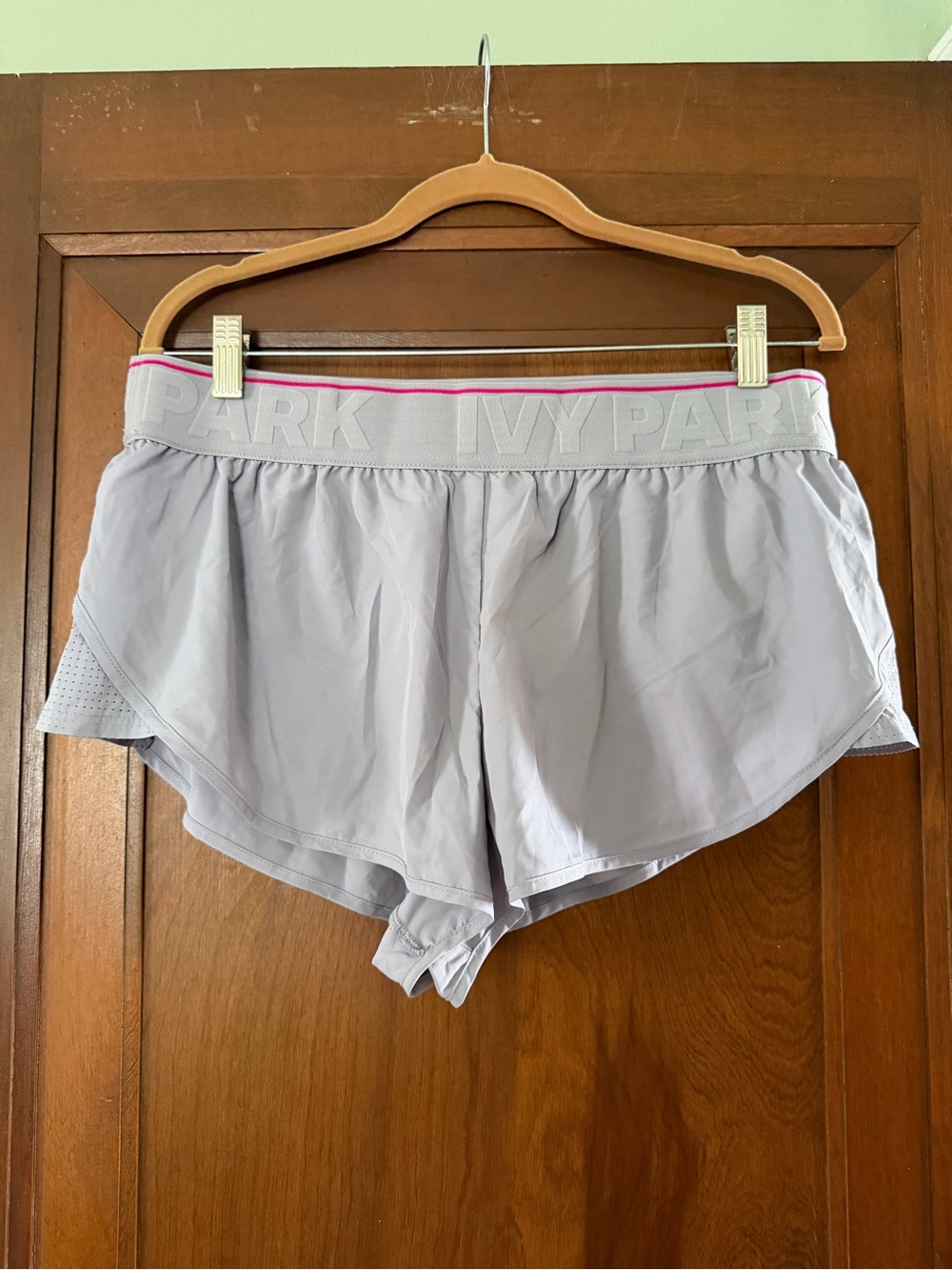 IVY PARK Light Gray Active Running Shorts with Pink Trim